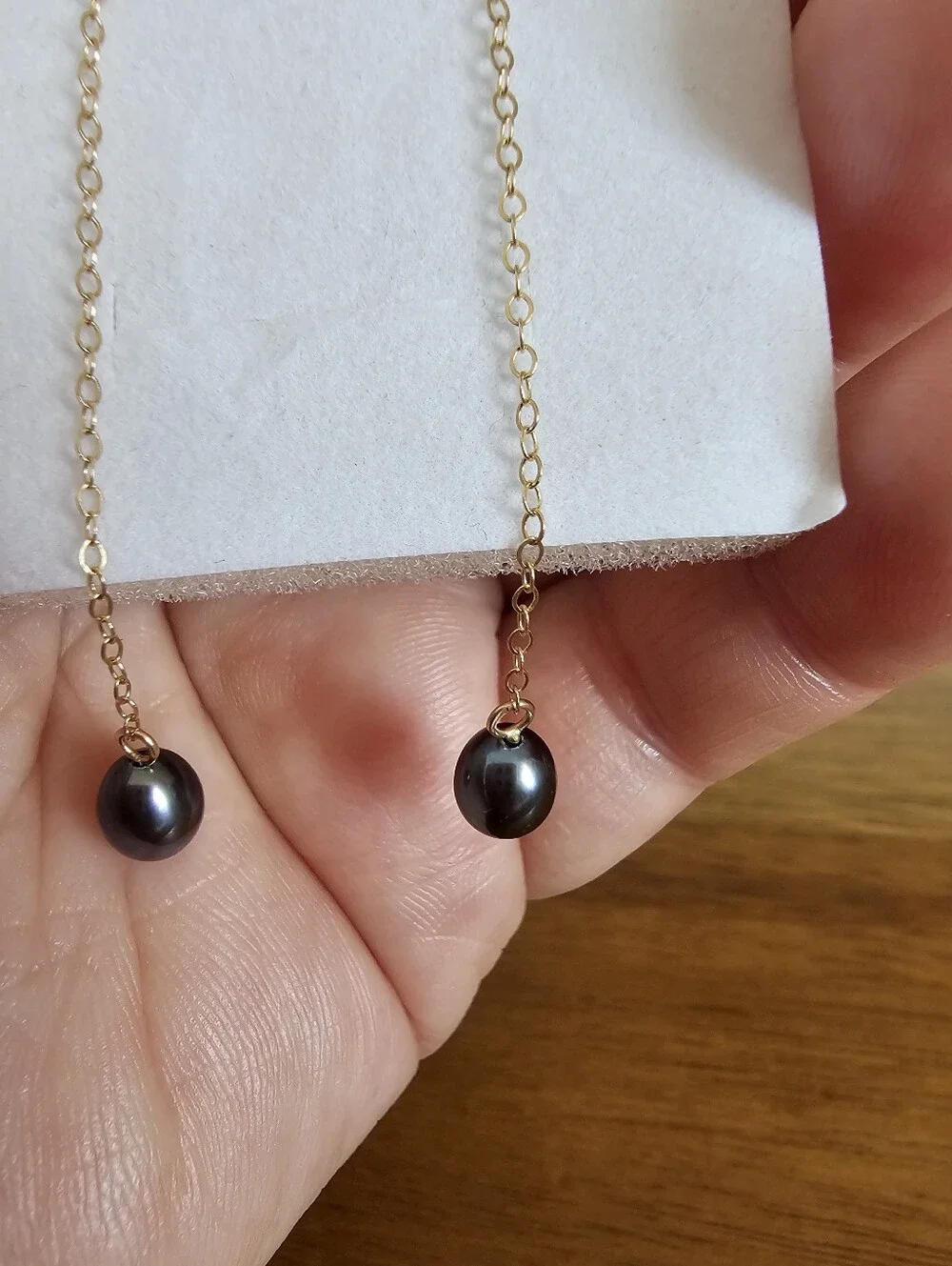JCM 14K Yellow Gold Black Pearl Threader Earrings – Fine Minimalist Dangle Drop